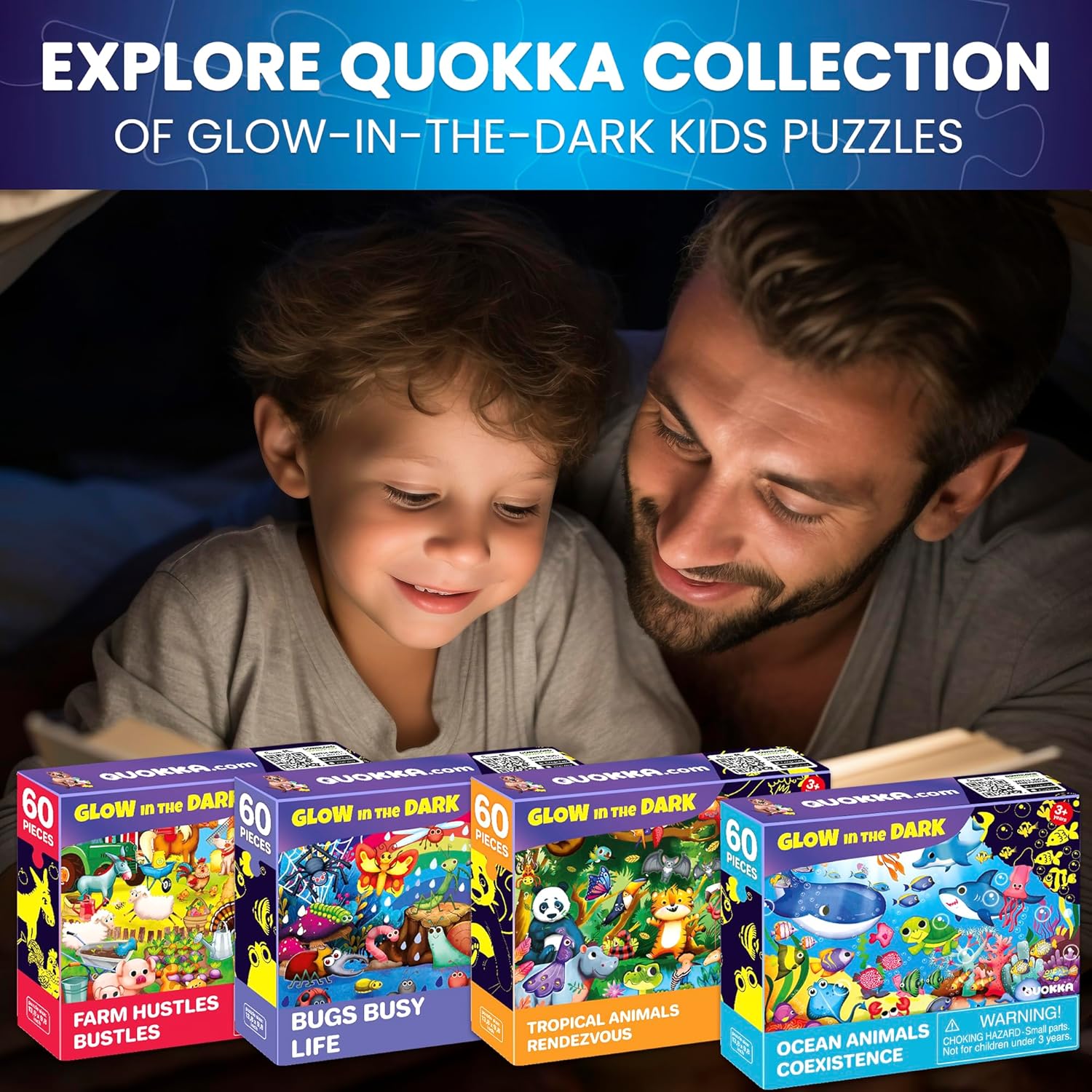 QUOKKA 4x60 Piece Puzzles for Kids Ages 4-6 – Glow-in-The-Dark Puzzles for Kids 4-8 I Farm Bugs Tropical & Ocean Animals I Fun Educational Toddler Puzzle for Boys & Girls – Educational Game Toys Gift