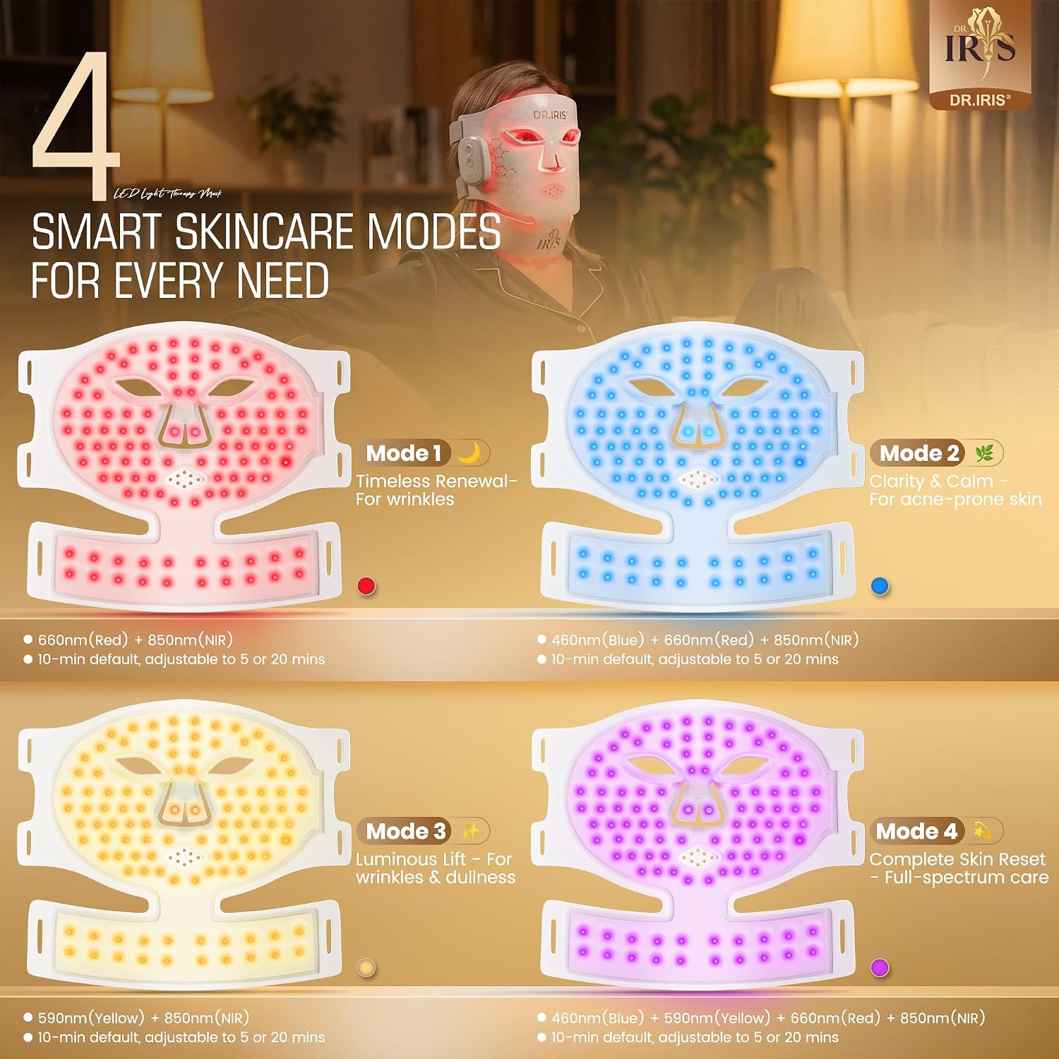 Red Light Therapy for Face and Neck with Wrinkle Care & Acne Clarity, 4 Modes Wireless Red Light Therapy Mask, Yellow, 850nm Infrared, Blue and Red Light Face Mask, LED Face Mask Light Therapy(M19-6) image 2