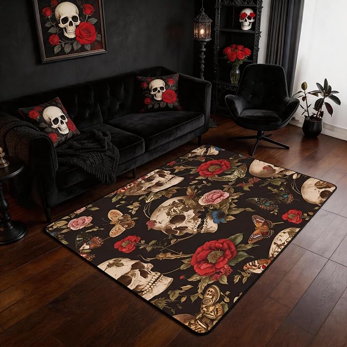 Feelyou Sugar Skull Rose Area Rug 5x7 Living Room Rugs for Bedroom
