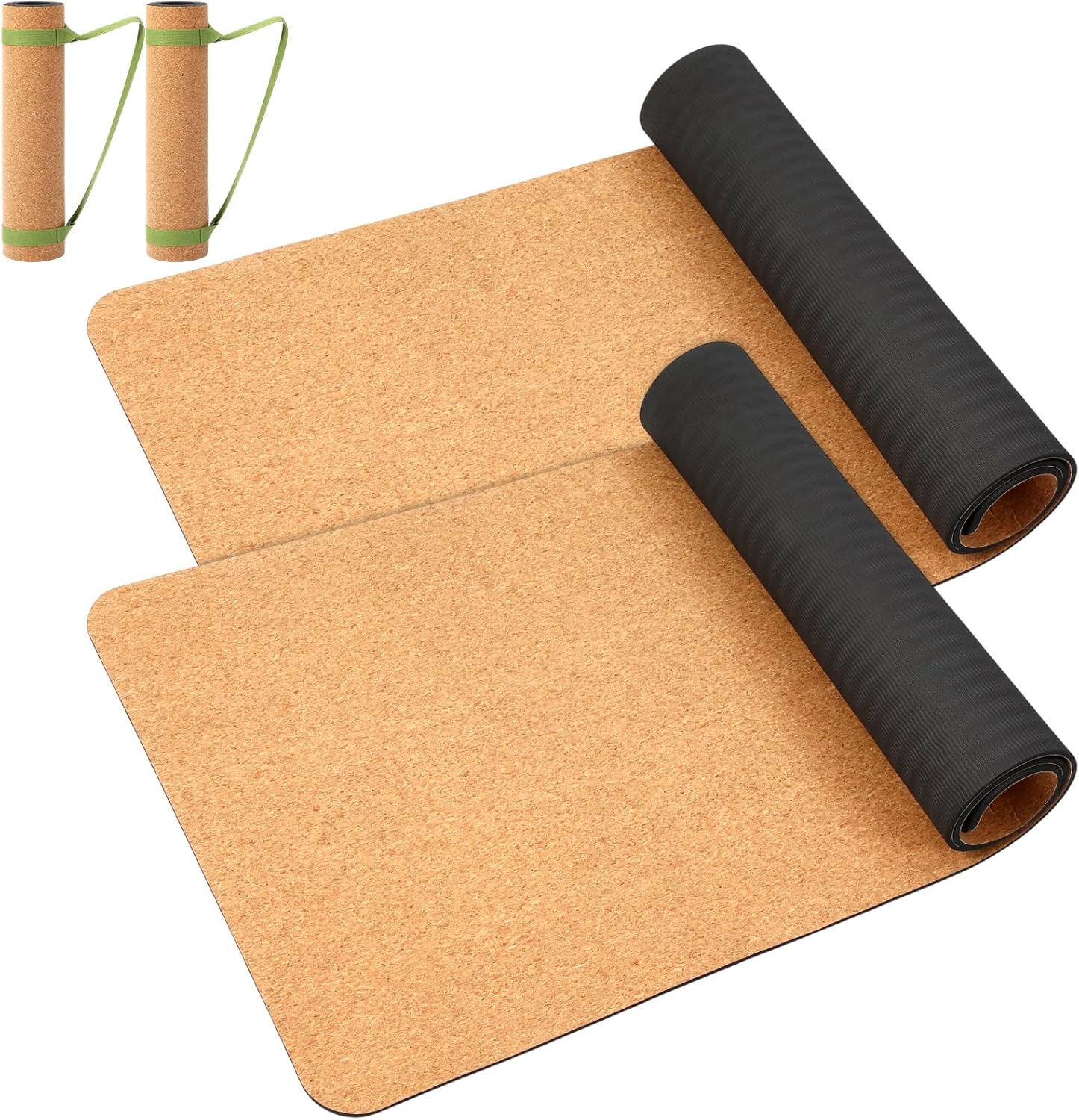 2 Pcs Cork Yoga Mat, 68 x 24 inch Premium 6mm Solid Thick Non Slip Fitness & Exercise Mat for All Types of Yoga Pilates & Floor Workouts with Strap