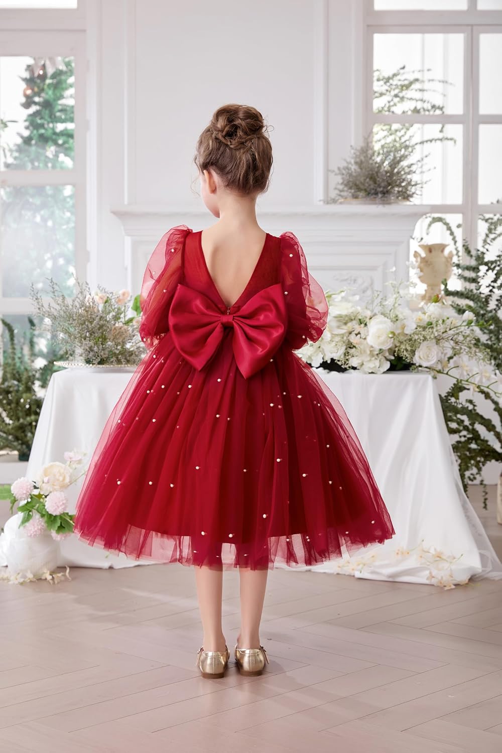 KAQININI Girls Dress Contrast Mesh Puff Half Sleeve A Line Homecoming Formal Party Dress 4-8 Years