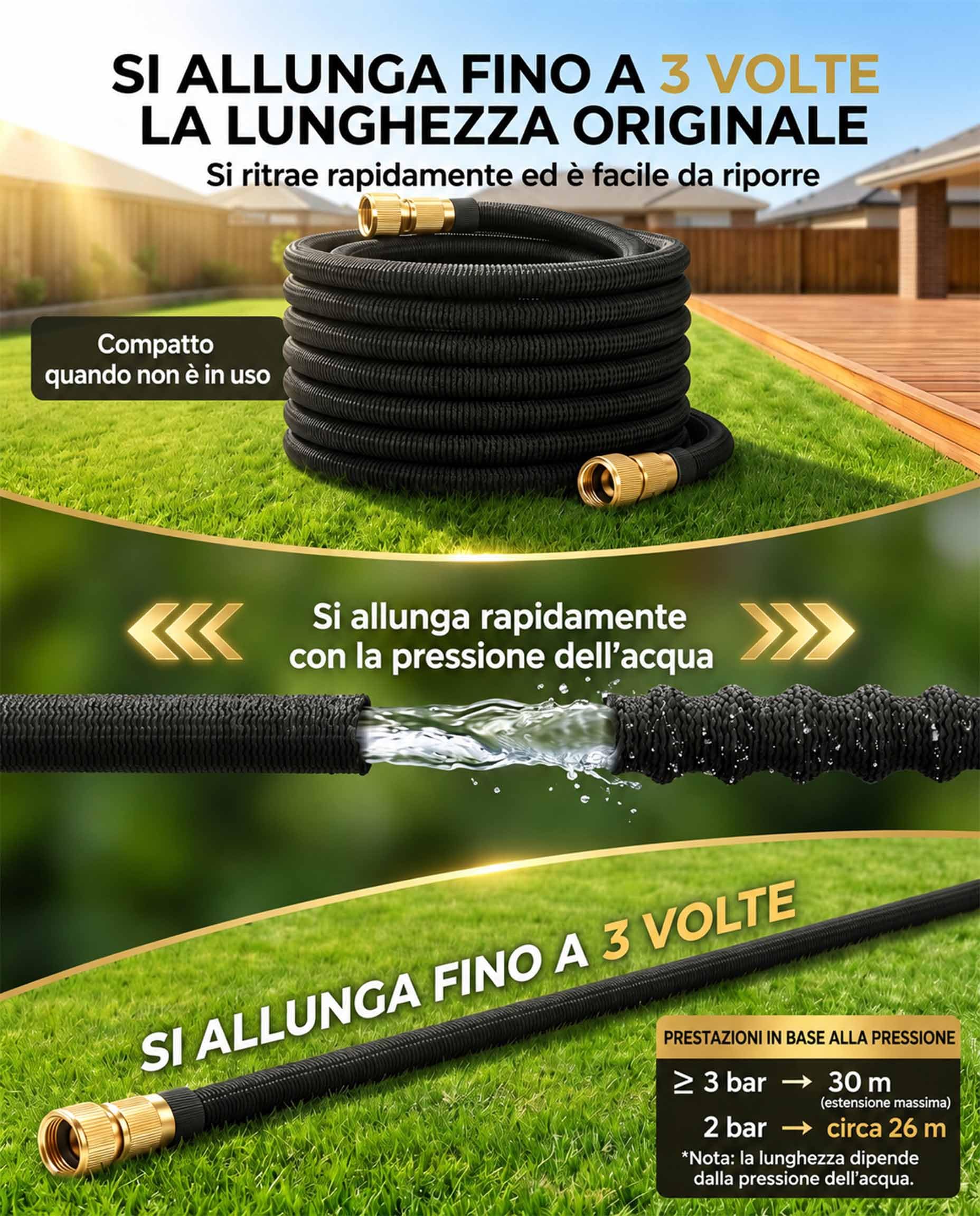 Tubo da Giardino Estensibile Ispessito 30m 100FT Canna Acqua con 8 Funzioni con Pistola Acqua Giardino & Adattatore Universale 1/2" e 3/4 per Prato, Giardino