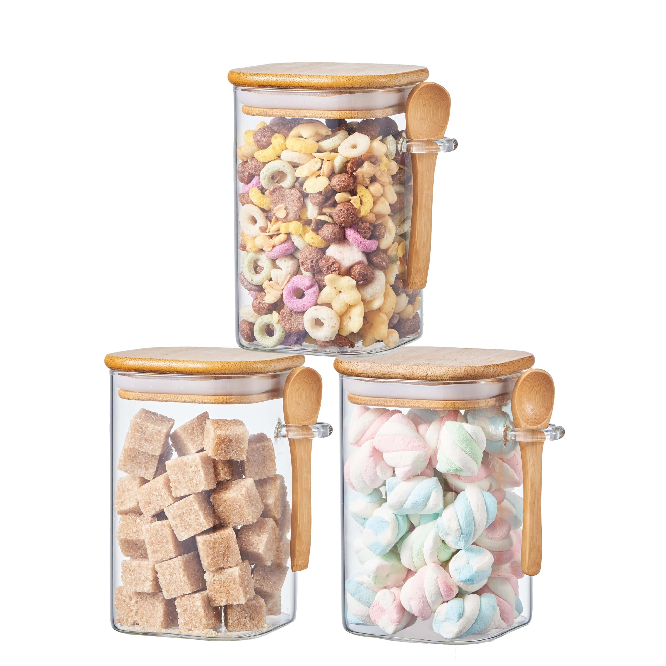 ORNAMI Airtight Glass Pantry Storage Canister Jar with Bamboo Lid & Spoon | BPA-Free, Clear Kitchen Organisation Jar - Set of 3 (0.5L, Square)