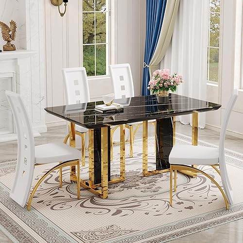 Miniatura 13 de Juego de mesa de comedor negra para 6, juego de mesa de comedor de lujo moderno con patas doradas cromadas, juego de mesa de cocina de mármol 6