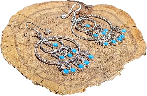 Native American Sleeping Beauty Turquoise Wire Tiered Loop Dangle Earrings Navajo Handmade Jewelry Southwest