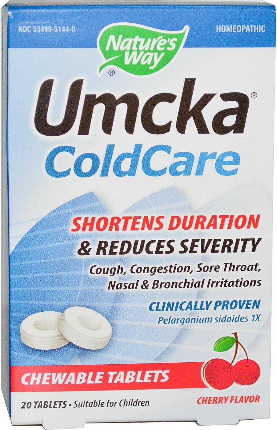Natures Way Umcka ColdCare Cherry Flavor Chewable Tablet - 20 per Pack - 3 Packs per case.