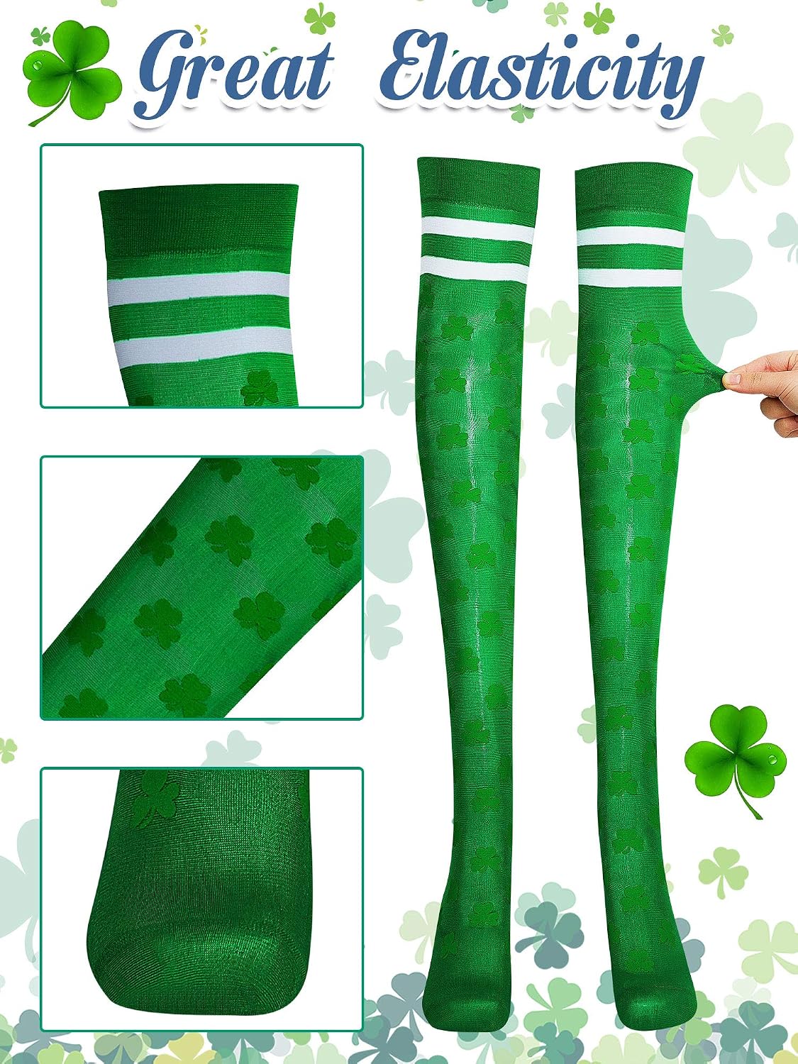 Geyoga 6 Pairs St. Patrick Day Socks for Women Irish Knee Thigh High Socks Polyester Long Thigh High Stocking Shamrock White Green Stripe Stocking for Costume Party Supplies