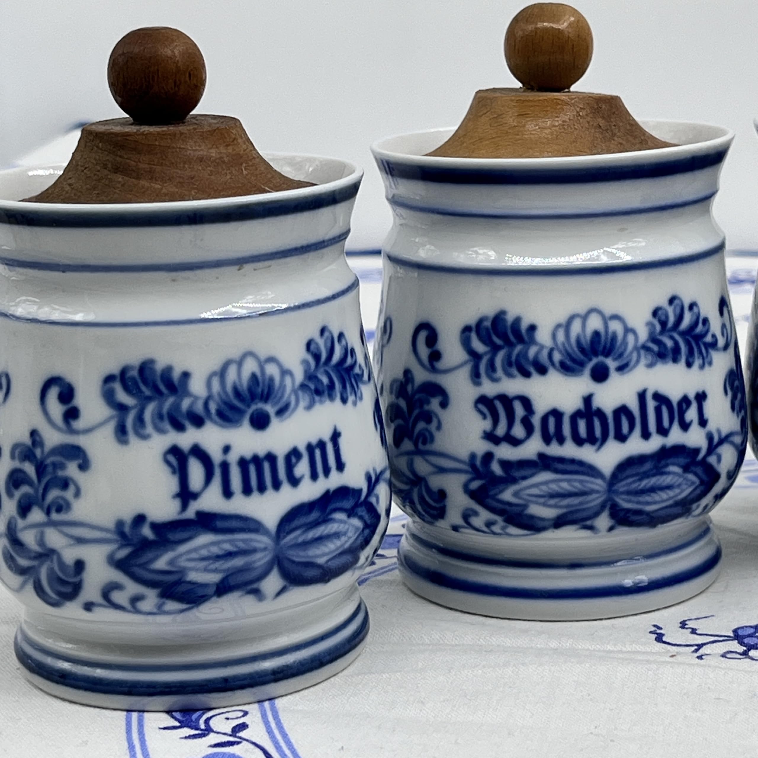 Generisch Antikes Porzellan Gewürzdosen Set 5-teilig Handarbeit Vintage mit Holzdeckel