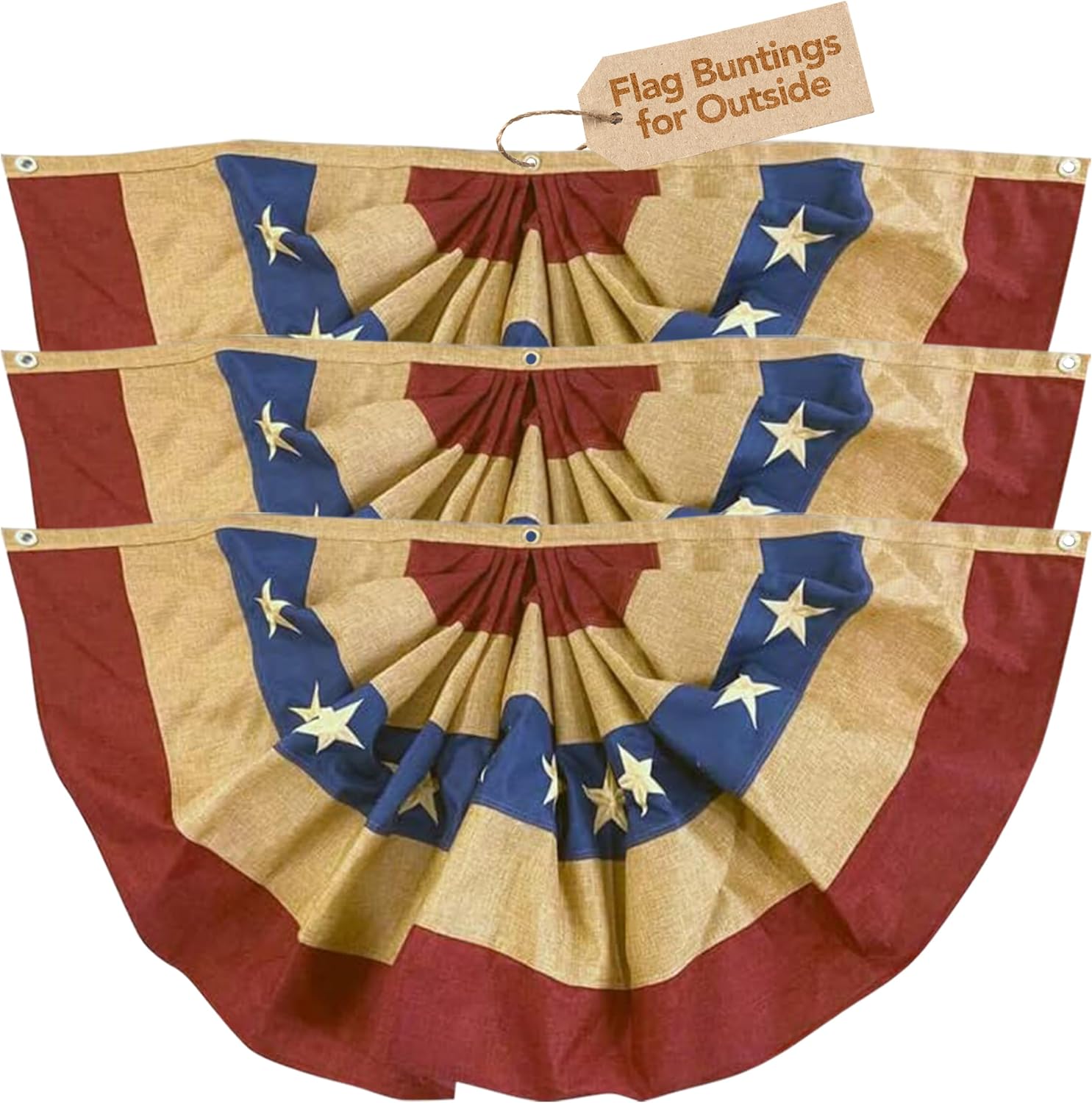 Burlap Patriotic Bunting USA 48"x24" (Set of 3) Pleated Banners w/Grommets