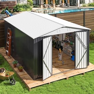 AirWire 10x14 FT Galvanized Steel Outdoor Storage Shed with Upgraded Frame, Lockable Doors & Vents - White Garden Tool Shed