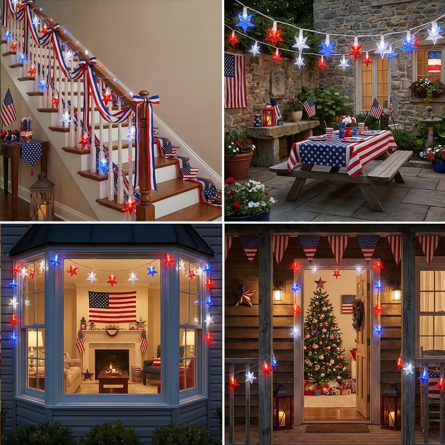 4th of July Decorations - 100 LED Red White and Blue Star Lights Plug in Star String Lights, for Memorial Day Independence Day Decor & Patriotic Decorations for Home Party Yard Tree, 0.07W (2 Set)