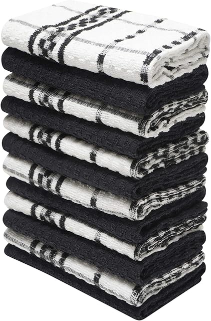 12 Pack Check Kitchen Towels Set - 40 x 70 cm, Black and White - 100% Ring Spun Cotton (285GSM) Super Soft and Absorbent Dish Towels, Tea Towels and Bar Towels