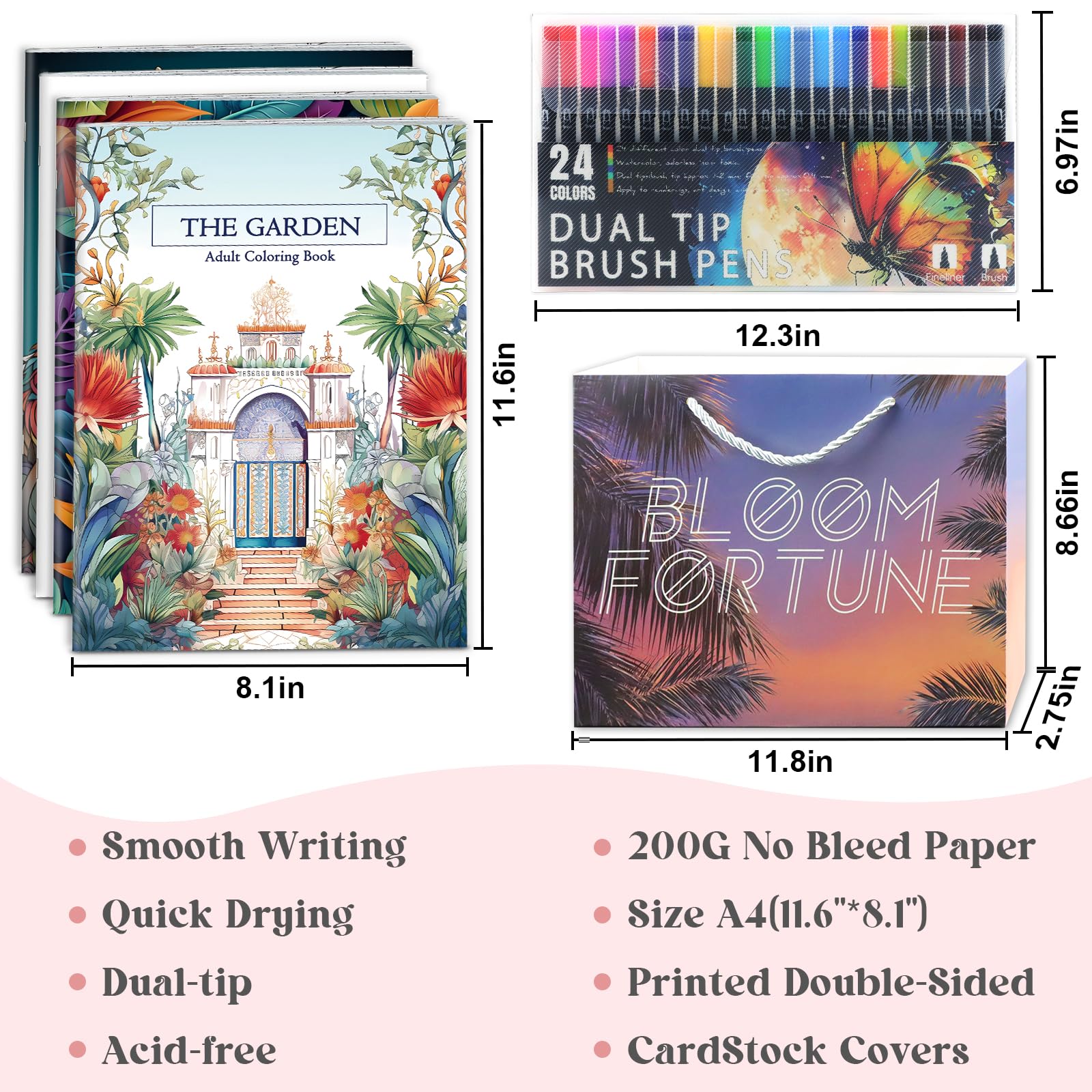apolyone Livre de coloriage pour adultes, lot de 4 livres de coloriage avec 24 stylos pinceaux à double pointe pour soulager le stress et l'anxiété, 128 images, animaux, fleurs, style jardin, cadeau