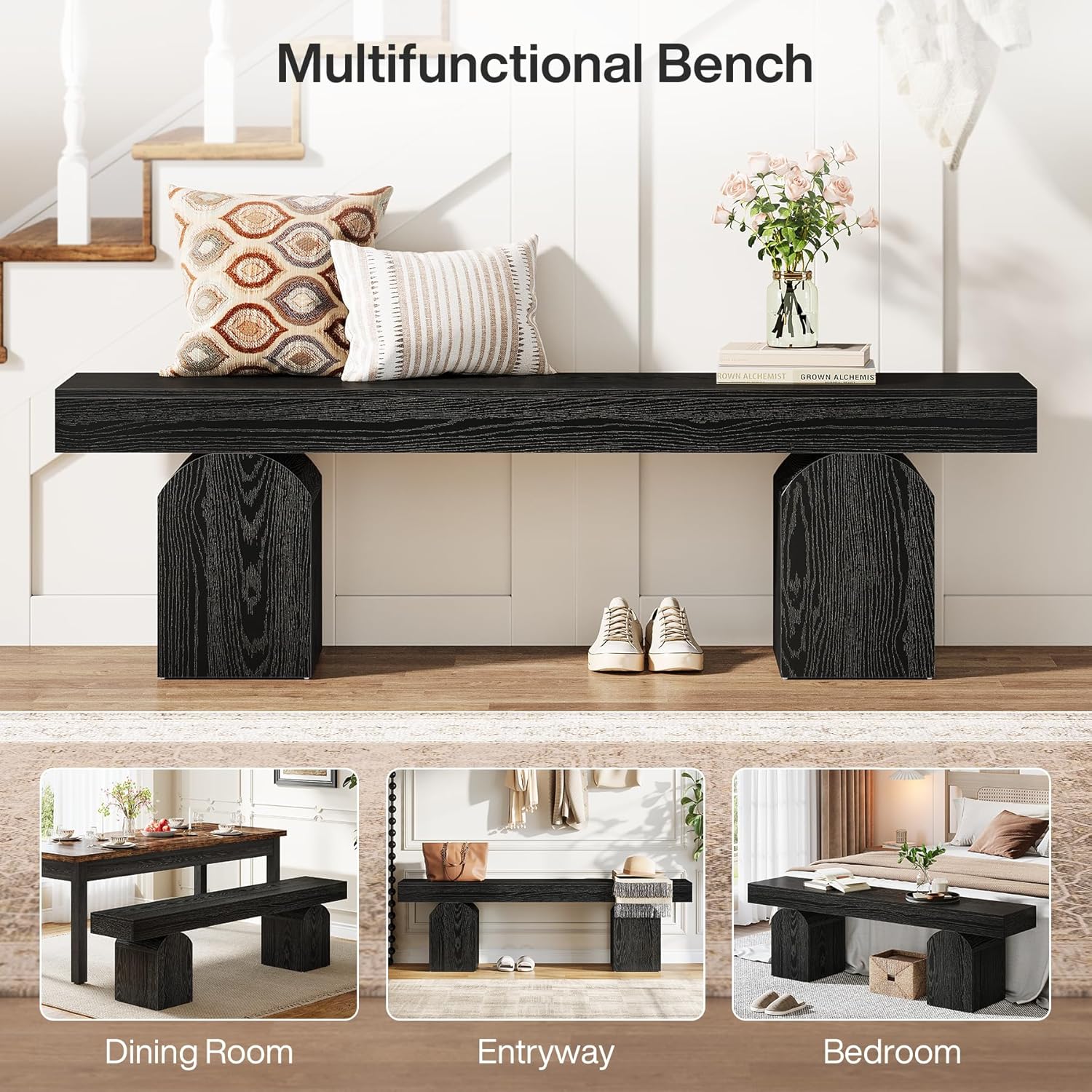 Tribesigns Entryway Bench, 59" Long Black Shoe Bench with Arched Bases, Wooden Indoor Bench for Entry Way, Living Room, Bedroom