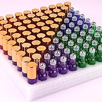 Vista 10 de MaxMau Paquete de 24 Botellas de Vidrio Ámbar de 5ml para Aceites Esenciales, Botella Roll-on con Bolas Rodantes de Acero Inoxidable, Tapas Pintadas