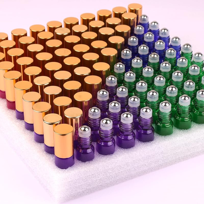 MaxMau Pacote com 100 frascos roll-on de vidro colorido de 5 mL para perfumes e óleos essenciais