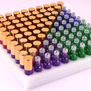 MaxMau Pack of 100,5ml Colored Roller Bottles for Essential Oils Perfume Refillable Glass Bottle Stainless Steel Roll On Ball Metal Cap Daily Aromatherapy