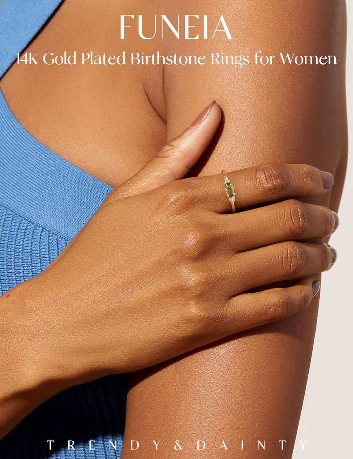 FUNEIA Gold Birthstone Rings for Women Non Tarnish Trendy Stackable Gold Rings that Don't Tarnish Dainty Emerald Green Gemstone Cubic Zirconia Wedding Engagement Ring for her Birthday Gifts Jewelry