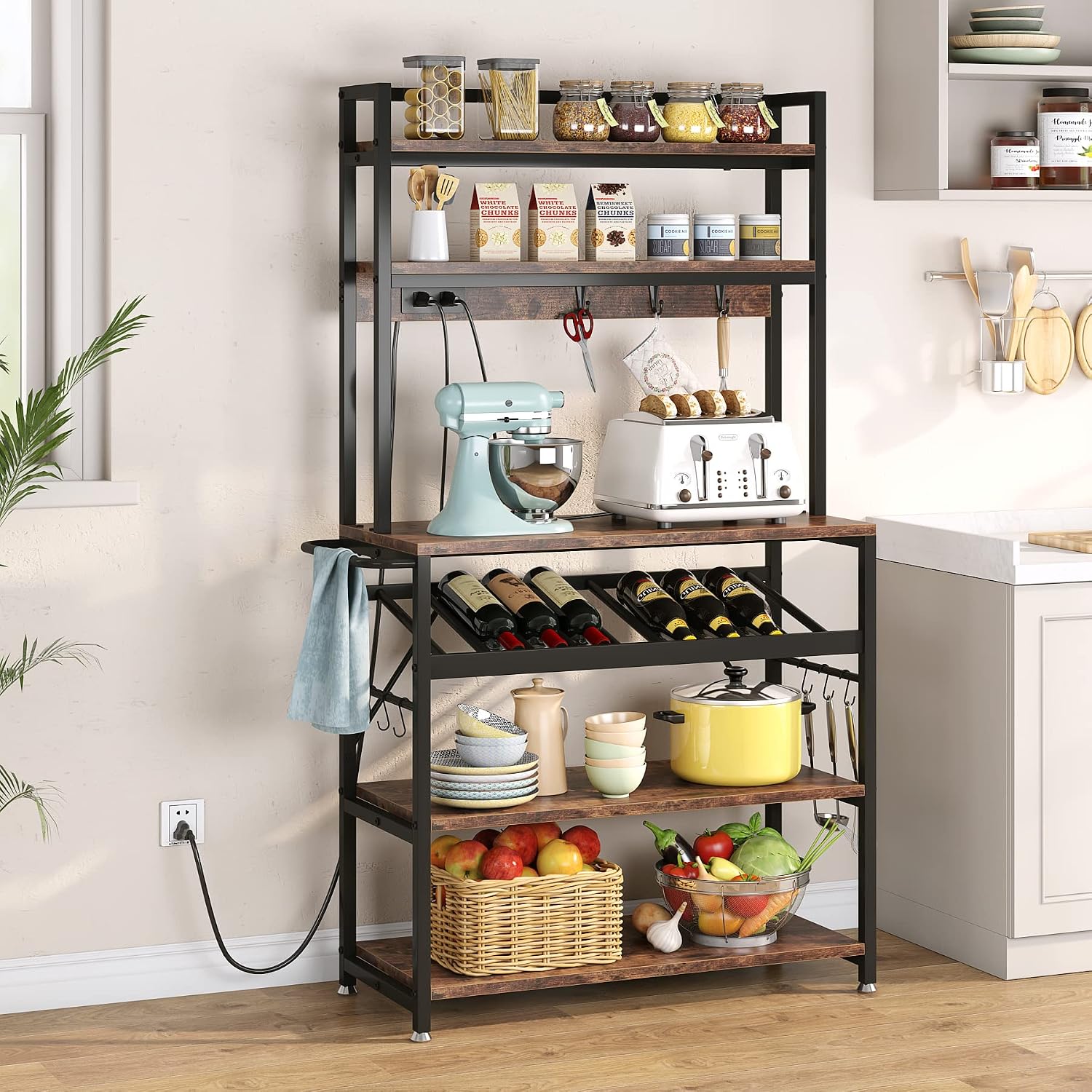 TIYASE Kitchen Baker’s Rack with Power Outlet, 6-Tier Microwave Stand Kitchen Shelf with Storage and Wine Rack, Freestanding Kitchen Ultility Cart Coffee Bar Station with Hooks(Vintage Brown)