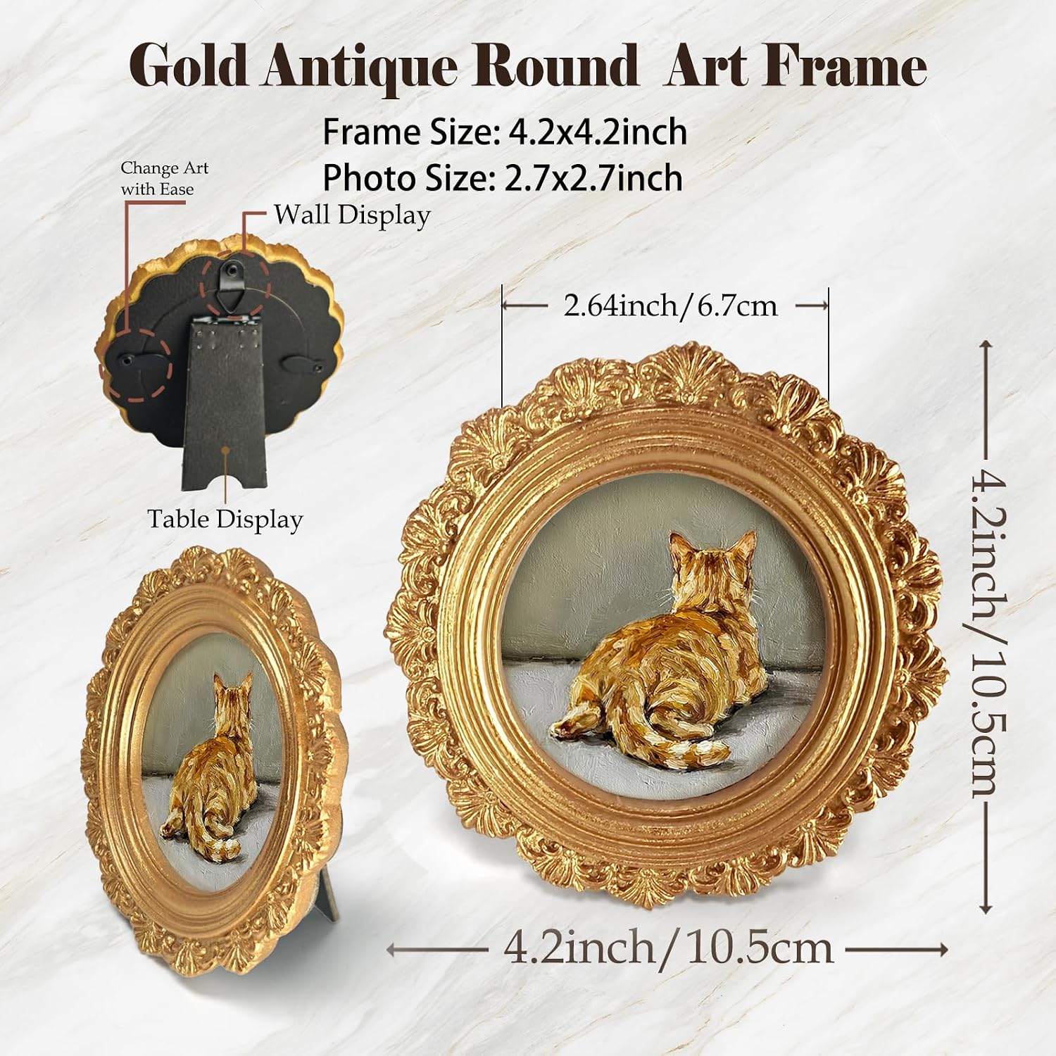 Small Vintage Cat Butt Round Picture Frame Wall Decor, Funny Cute Orange Tabby Cat Gold Mini Ornate Photo Frame for TableTop Desk 2.7in Photo, Rustic Framed Artwork for Walls Office Bedroom image 4