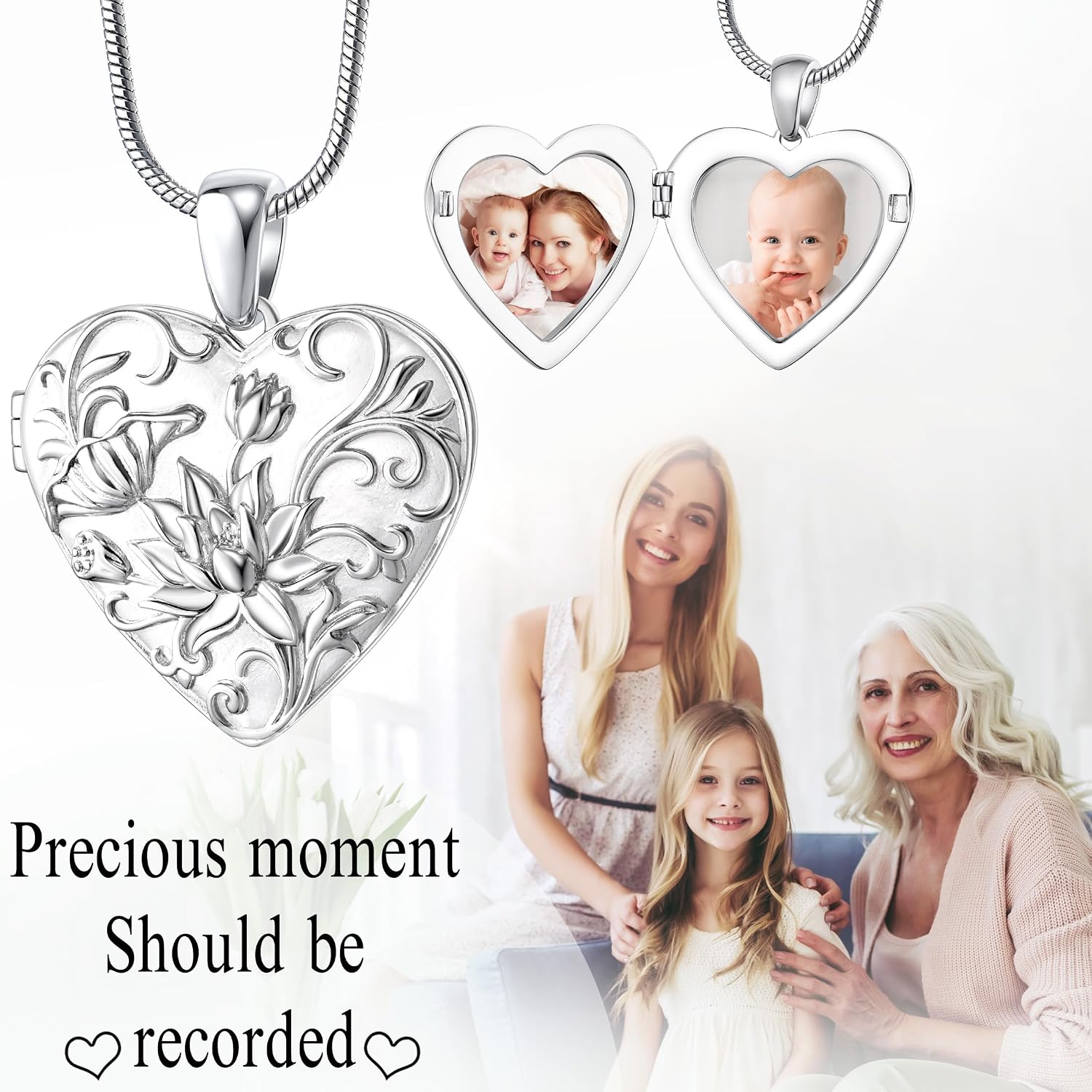 Fanery Sue Personalized Vintage Locket Necklace that Holds Pictures, Customized Picture Lockets Personalized Heart Locket Photo Memorial Jewelry Mothers Day Gifts for Women