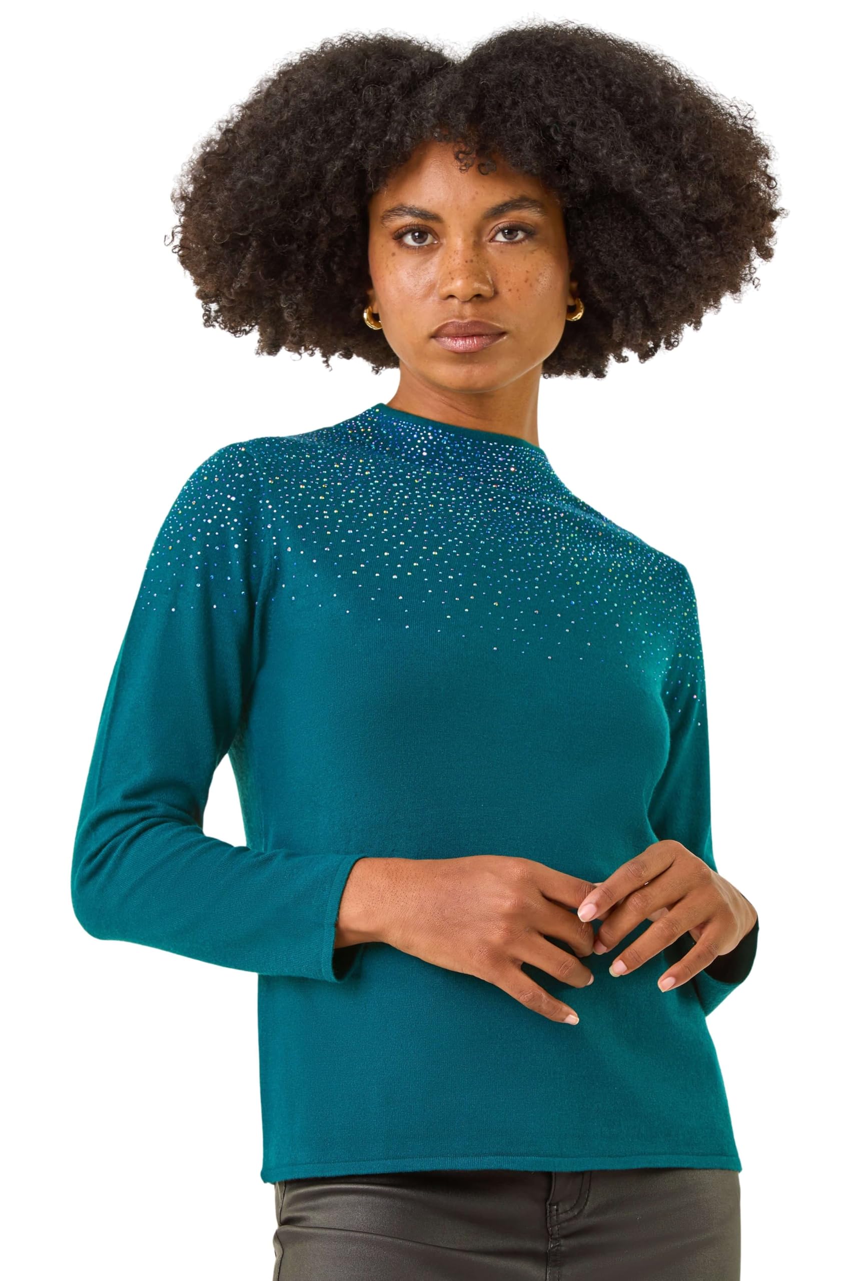 Roman Originals Women's Dark Green Diamante Sequin Jumper For Uk Sparkly Glitter Sweater Embellished Smart Casual Autumn Winter Long Sleeve Round Neck Knitwear Knitted Pullover - Size 16