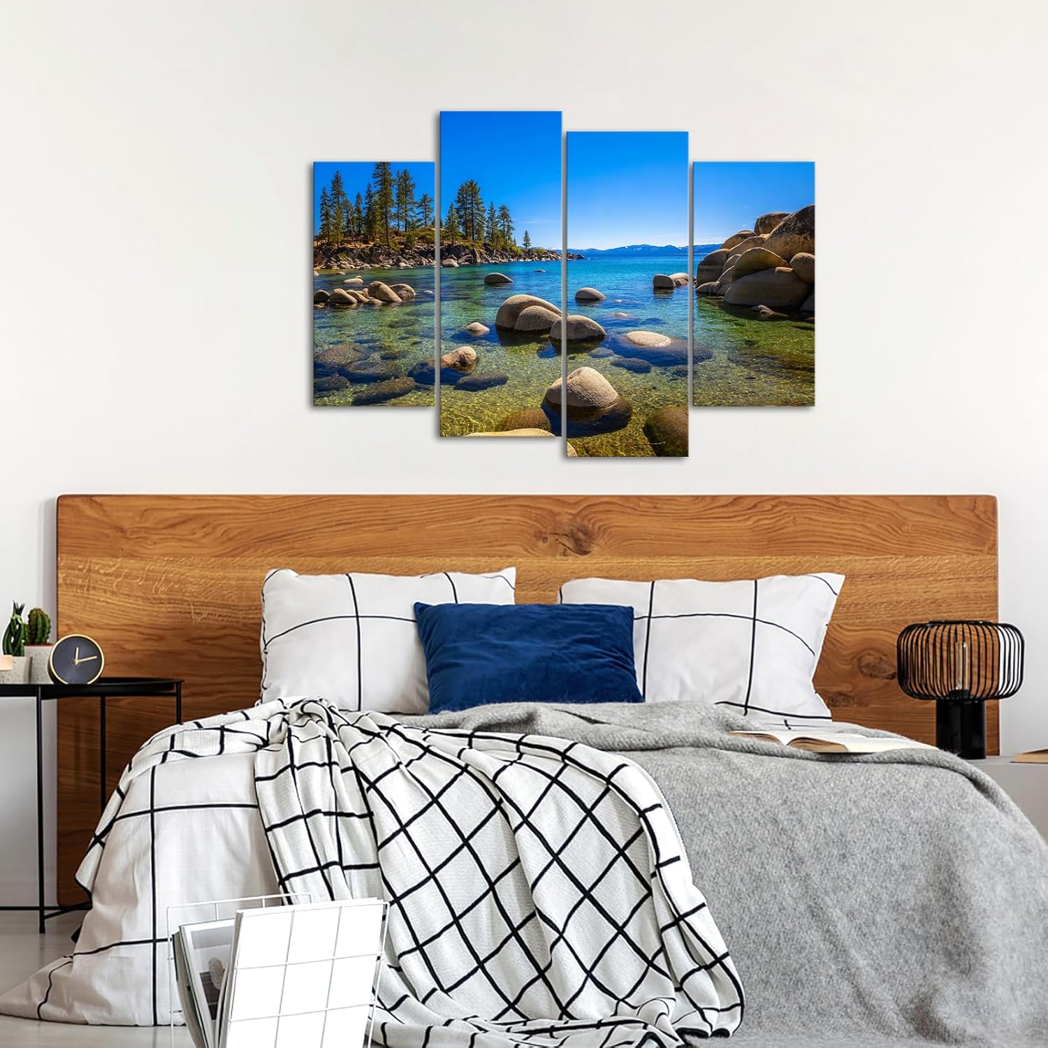 iKNOW FOTO Lake Tahoe Sand Harbor Beach Canvas Wall Art - 4-Panel Mountain and Lake Photography - Sierra Nevada Landscape Nature Decor - Ready to Hang 48"x32" Wall Art for Nature Lovers