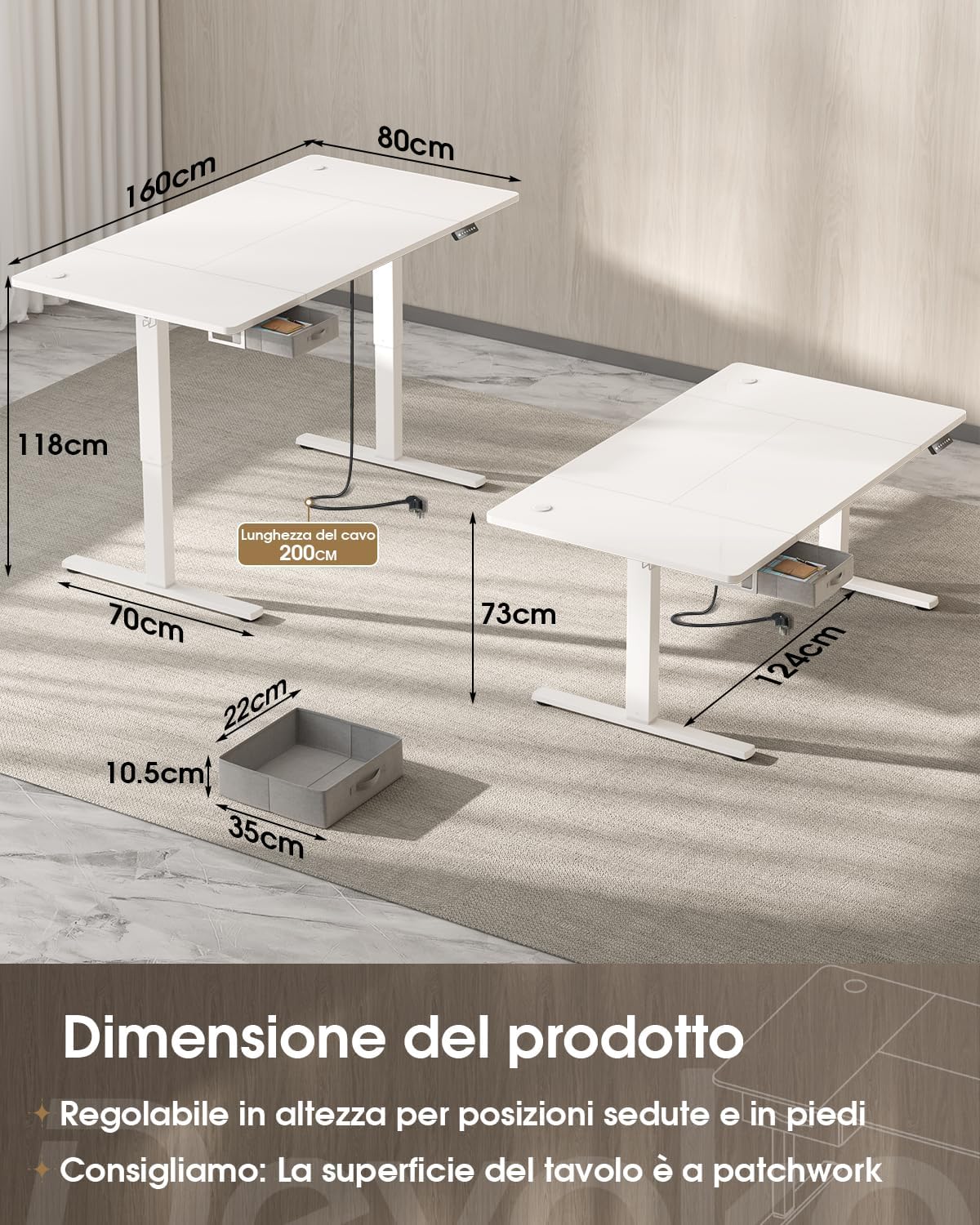Detailed product dimensions of the Devoko desk, showing height adjustment range from 73cm to 118cm, and tabletop dimensions of 160cm by 80cm.