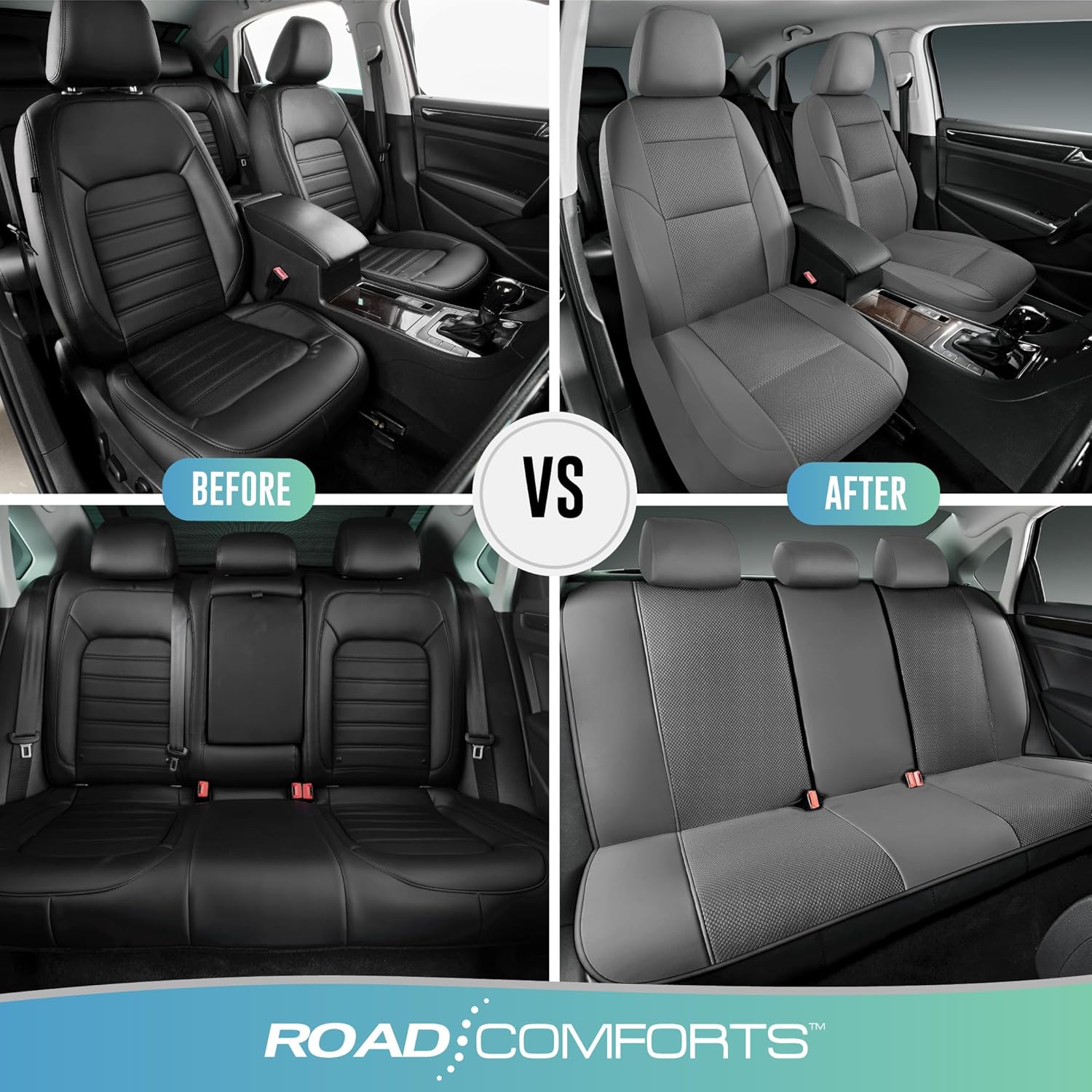 Road Comforts Full Set Leather Mesh Car Seat Cover - Front and Rear, Breathable & Stylish, Airbag Compatible, Universal Fit for Cars, SUVs, Trucks, and Vans - Gray