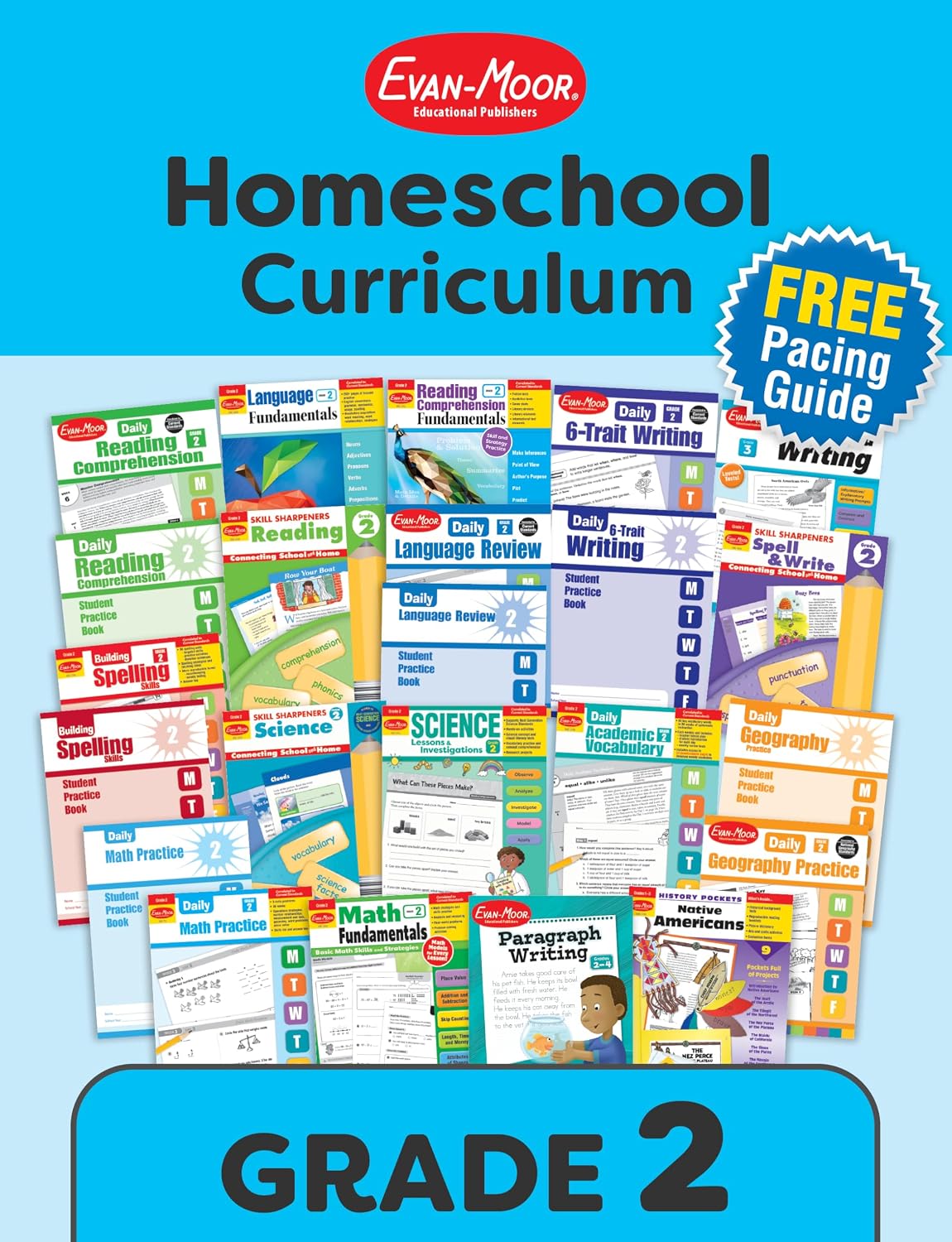 Evan-Moor Homeschool Curriculum, Grade 2, Bundle of 22 Workbooks, Reading, Writing, Math, Science, Geography, Spelling, Vocabulary, Language, Social Studies / Pacing Guide Included