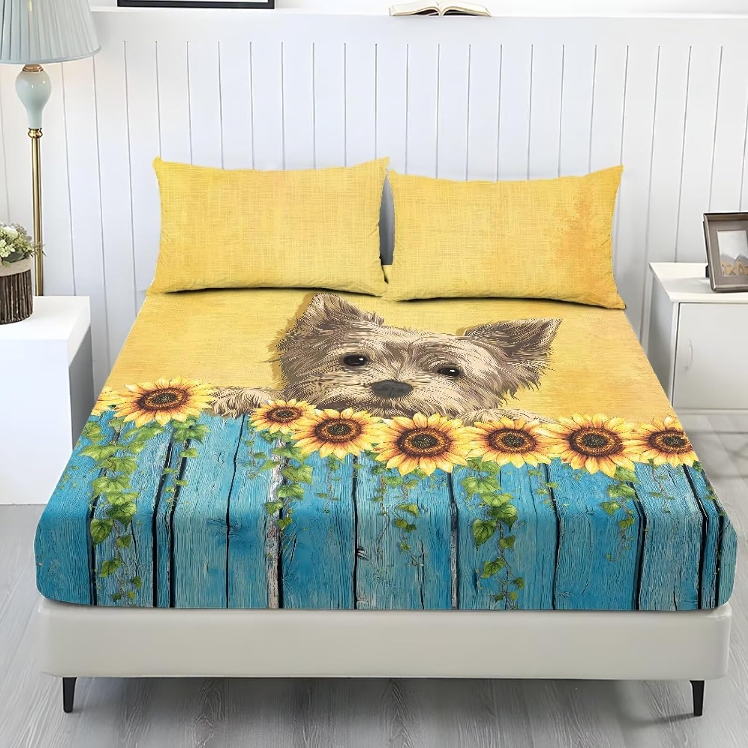 Sunflower Puppy Kids Fitted Sheet Twin Size to Cal King Size Bed Sheets Set 3Pcs,Boys Girls Bedroom Decor,Kawaii Cute Carton Deep Pocket Sheet,Easy Care,2 Pillowcase