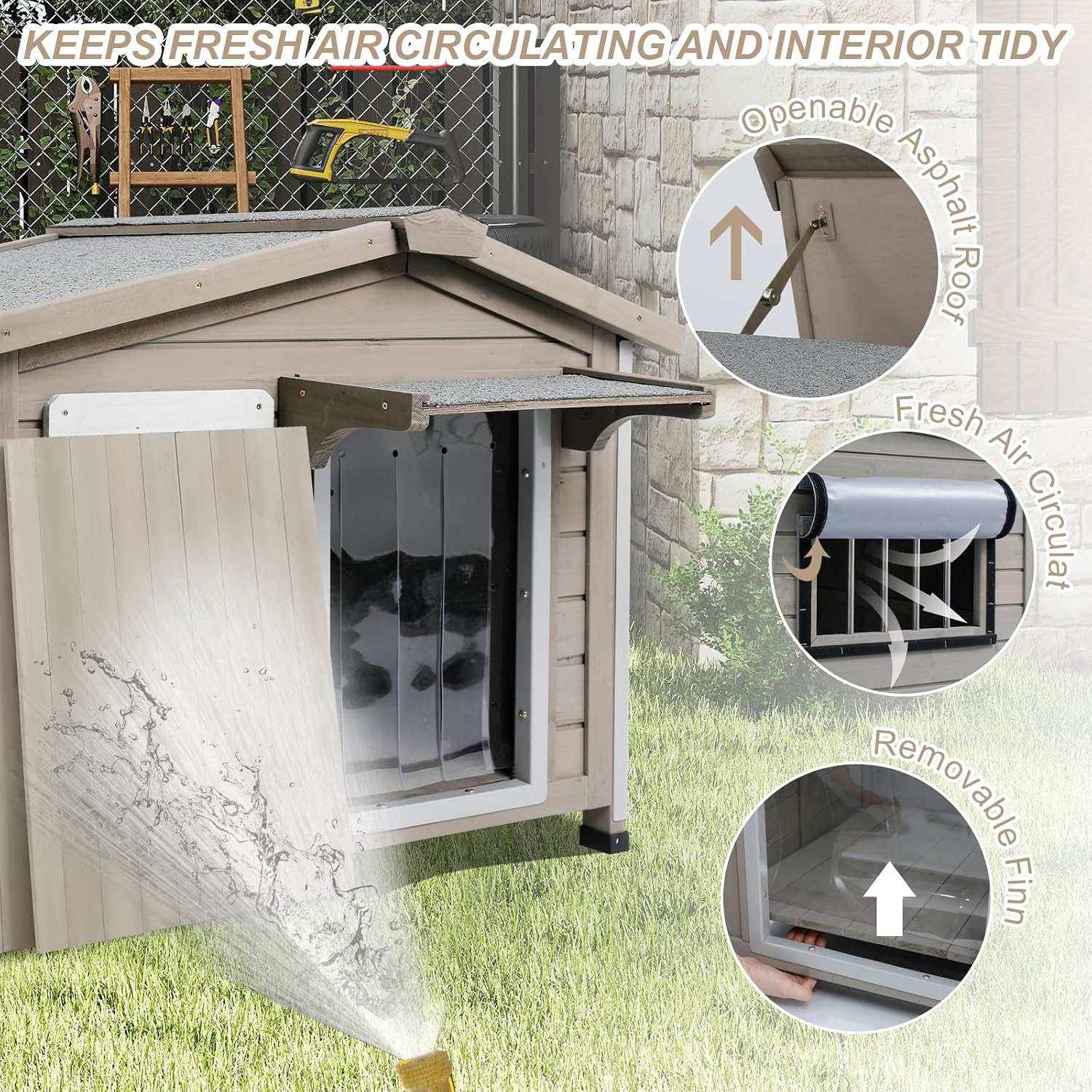 Outdoor Dog House with Chew-Proof Iron Frame, Wooden Dog Kennel Weatherproof，Removable Floor, Adjustable Vent Window, Easy Assembly for Medium and Small Dog, 30" L x 21" W x 24" H