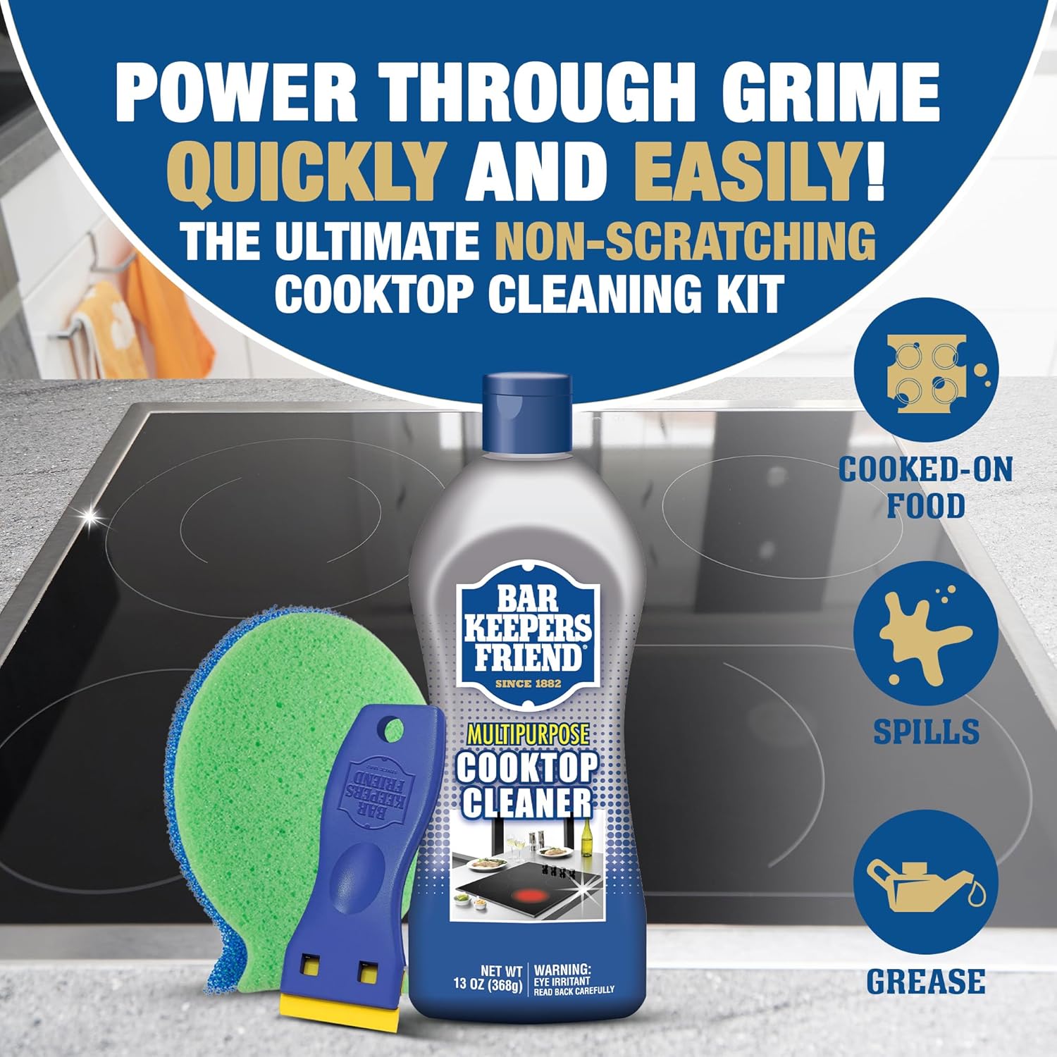 Bar Keepers Friend Cooktop Cleaner + Scraper + Dish Fish - Multipurpose Liquid Stovetop Cleanser, Safe for Use on Glass or Ceramic Cooking Surfaces, Copper, Brass, Chrome, Stainless Steel & Porcelain