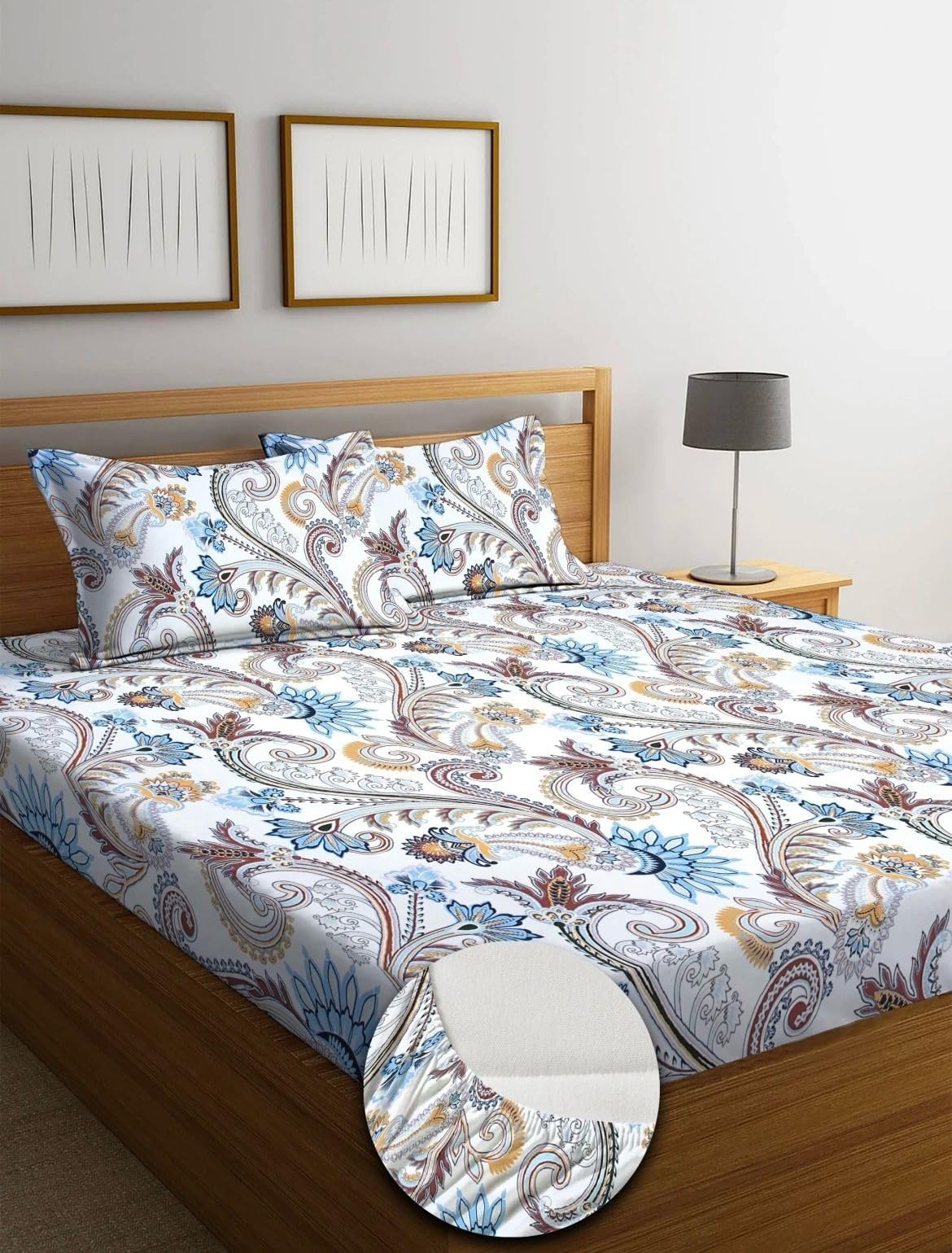 NEW TOWN Cotton Feel Glace Cotton Elastic Fitted Printed King Size Double Bed Bedsheet with 2 Pillow Covers and Fits Upto 8 inches Mattress, Size- 72"x78" Saffro 6364