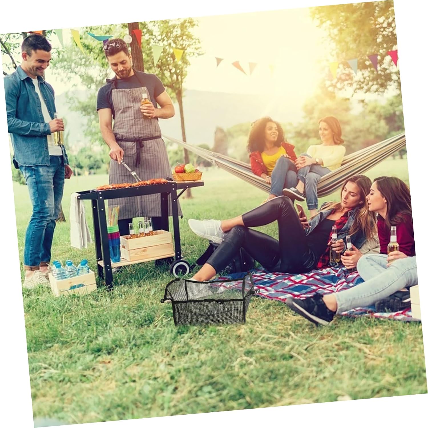 Portable Foldable Camping Table with Mesh Storage Basket for Utensils Stable Outdoor Picnic and BBQ Station Multipurpose Lightweight Organizer for Hiking and Beach Activities