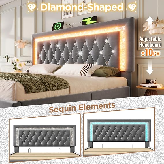 Upholstered Super King Size Bed 180x200 cm, 6ft Hydraulic Storage Bed with LED Lighting, USB Type-C Charging, Adjustable Diamond Tufted Headboard, Velvet Double Bed Frame with Slatted Frame,Grey