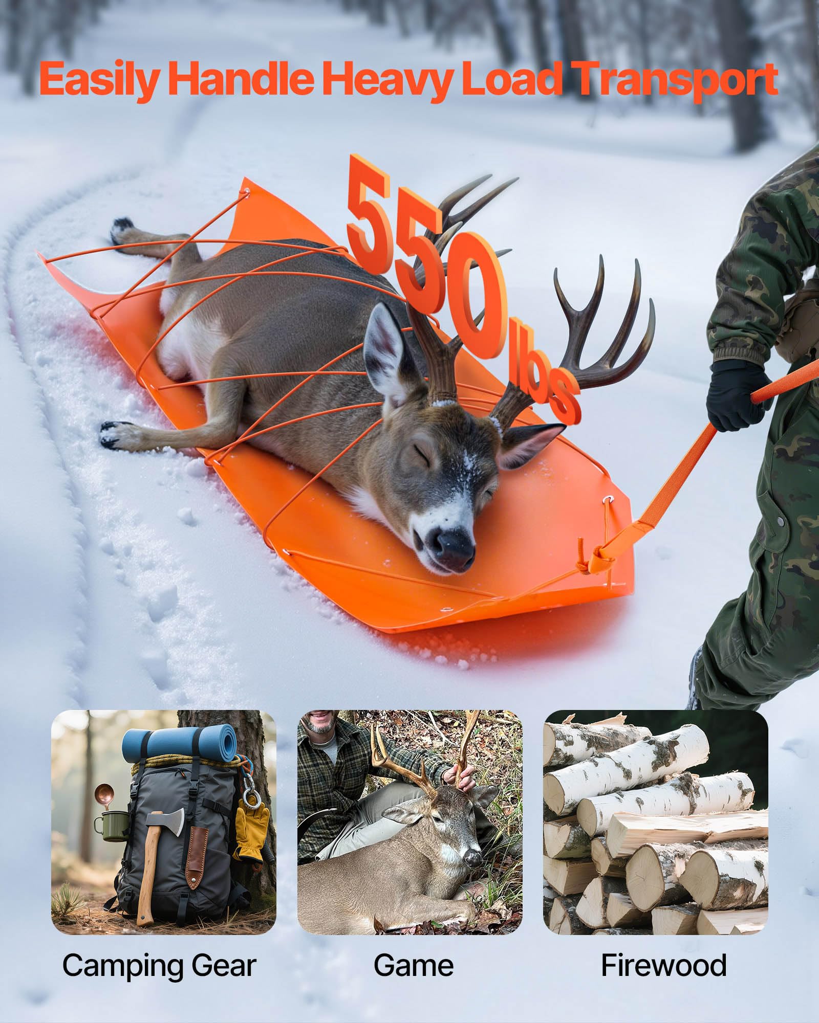 VEVOR Slitta per Trascinamento per Caccia 1850 x 580 mm Slitta per Trasporto per Cervi da 249,97 kg con Corde e Maniglia, Trasporto di Selvaggina Ispessito per Legna da Ardere e Pesca sul Ghiaccio