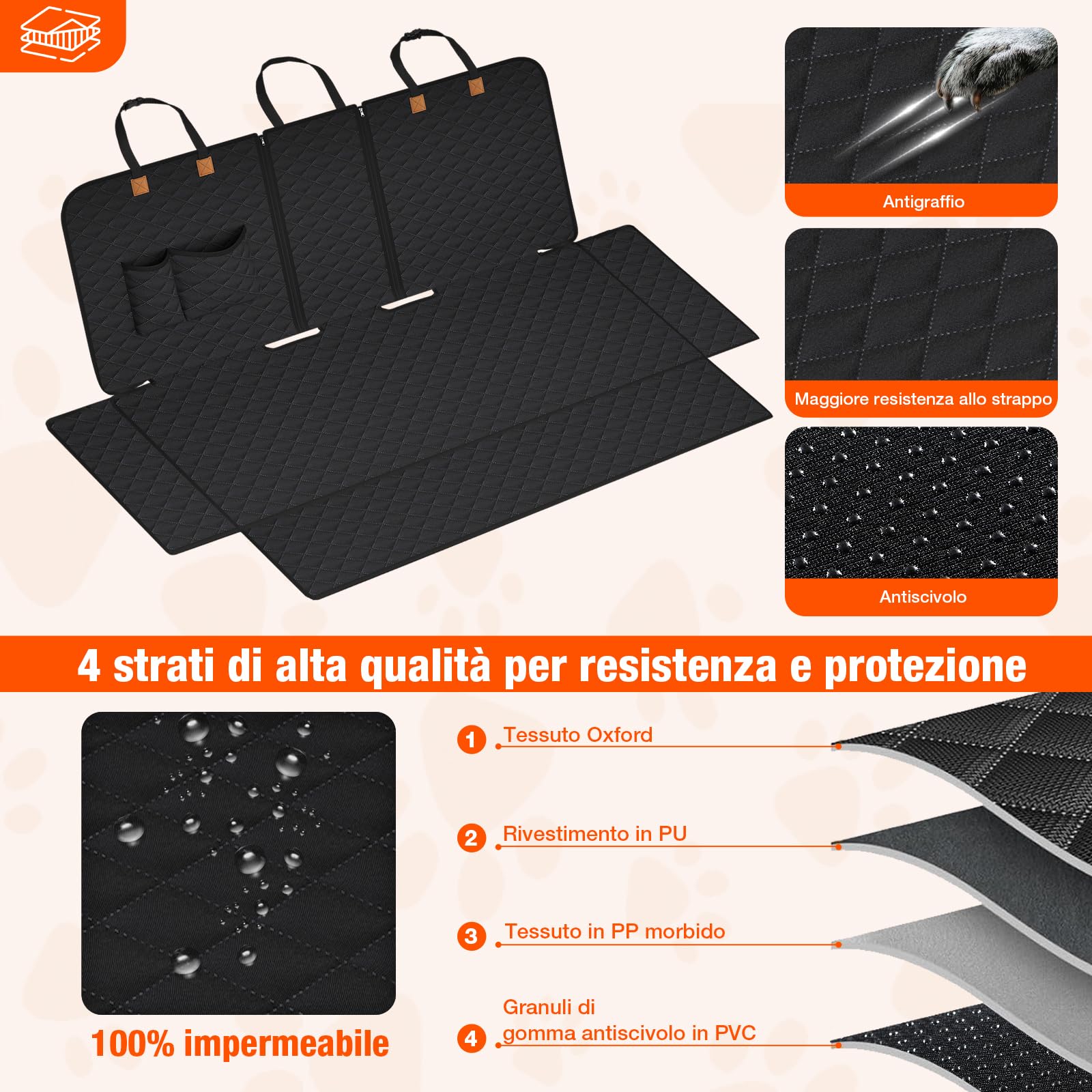 Coprisedile Auto per Aani Sedile Posteriore Dell'Auto, Antiscivolo, Impermeabile, 136 x 45 cm, Antigraffio, con Isofix, Compatibile con La Maggior Parte Delle Auto, SUV e Camion (Nero)