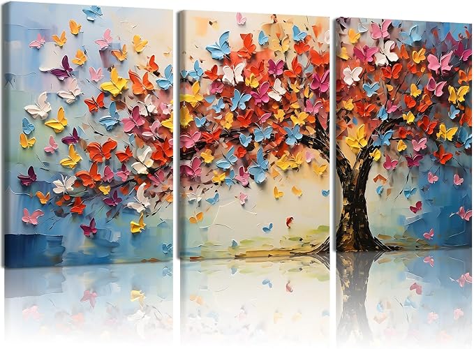 Kdyudo 3 pcs Colorful Tree of Life Canvas Framed Wall Art, Abstract Butterfly Tree Oil Painting Watercolor Natural Tree Poster Artwork Suitable for Living Room Bedroom Office Wall Decor 16x24 inch