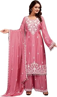 LAZORI FASHION women's chiffon silk with heavy embroidery and hand work stitched designer sharara suit with dupatta|weddin... Price In India
