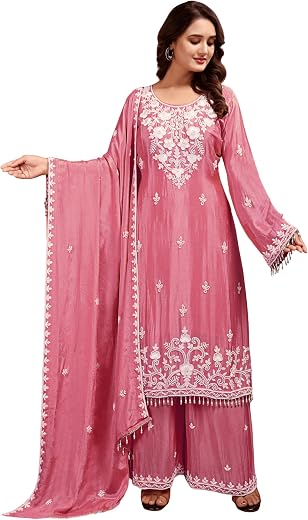 LAZORI FASHION women's chiffon silk with heavy embroidery and hand work stitched designer sharara suit with dupatta|weddin...