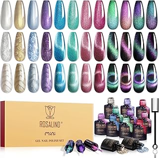 ROSALIND Cat Eye Gel Nail Polish with Magnet, 12 PCS Holographic Glitter Purple Blue Red Gel Polish Magnetic and Swirl Shell Thread Effect Sparkle Nail Polish Cateye Gifts for Women