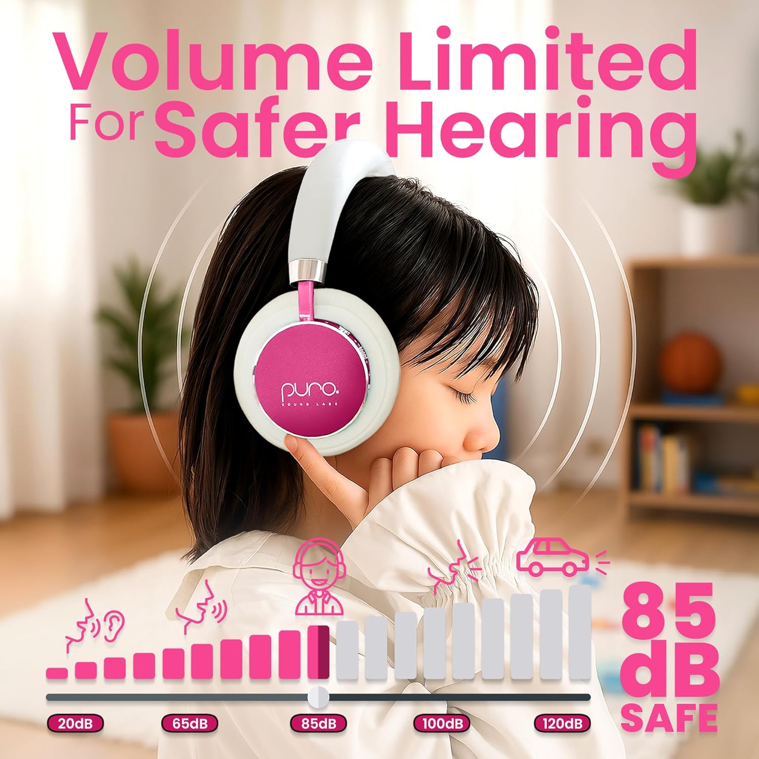 Puro Sound Labs Kids Wireless Headphones – Volume-Limiting 85dB, Built-In Mic, Studio-Grade Sound, 20-Hour Battery Life, Comfortable Fit & Easy to Connect Kids Bluetooth Headphones – BT2200 Plus, Pink