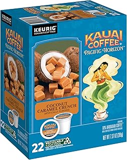 Kauai Coffee K-Cup Pods for Keurig Brewers – Arabica Coffee, 10% Hawaiian – Medium Roast, Nutty Caramel with Tropical Coconut – Coconut Caramel Crunch, 1 Pack of 22 Single Serve K-Cups