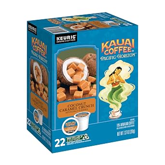 Kauai Coffee K-Cup Pods - Coconut Caramel Crunch, 22 K-Cup Pods | Medium Roast, Arabica Coffee, 10% Hawaiian, For Keurig Brewers, Single Serve, Nutty Caramel with Tropical Coconut