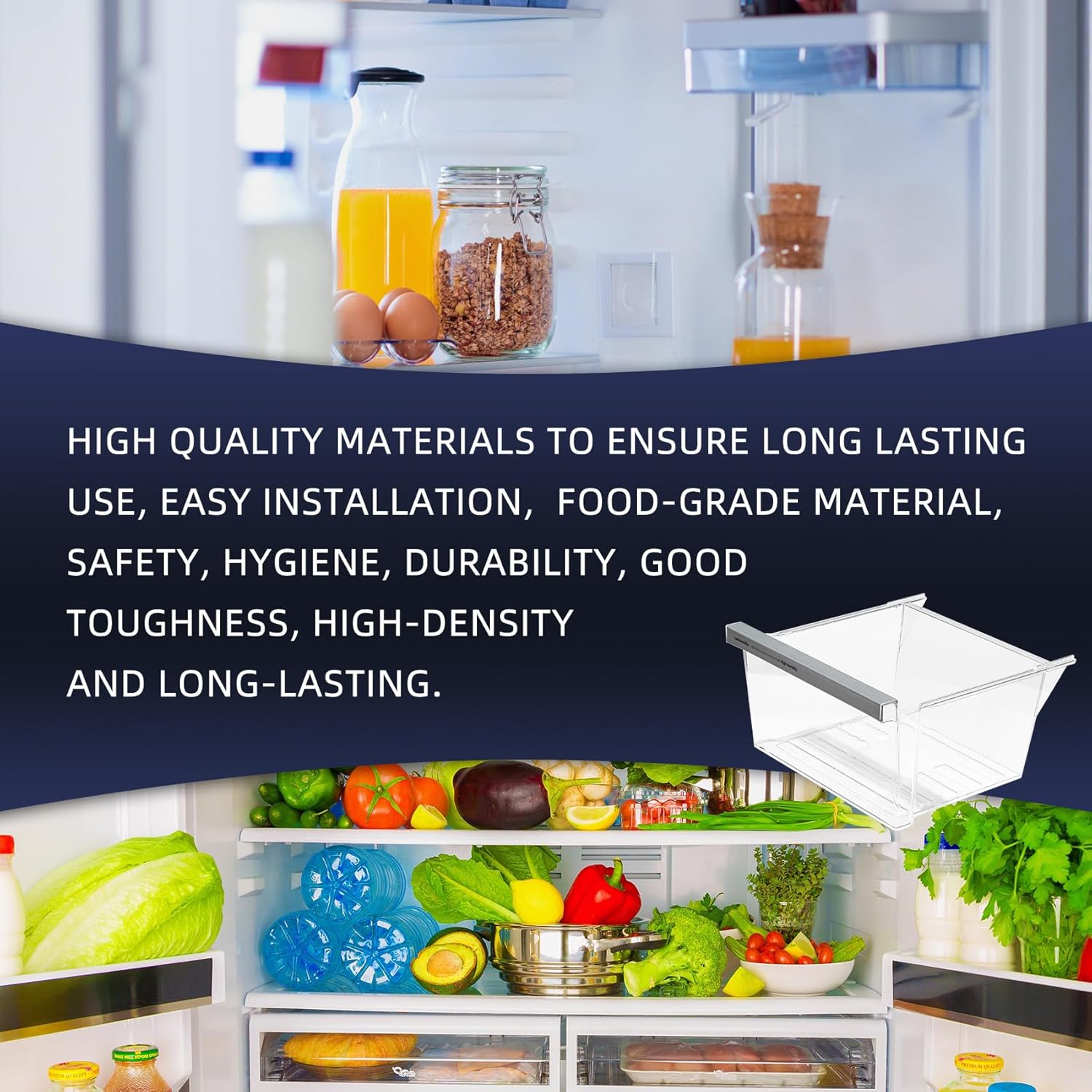 W11162443 W11046494 W11162446 Refrigerator Fridge Crisper Drawer Pan Fridge Meat Pan Bin Upper Humidity Control Drawer Compatible with Whirlpool Maytag Refrigerator Replacement Parts