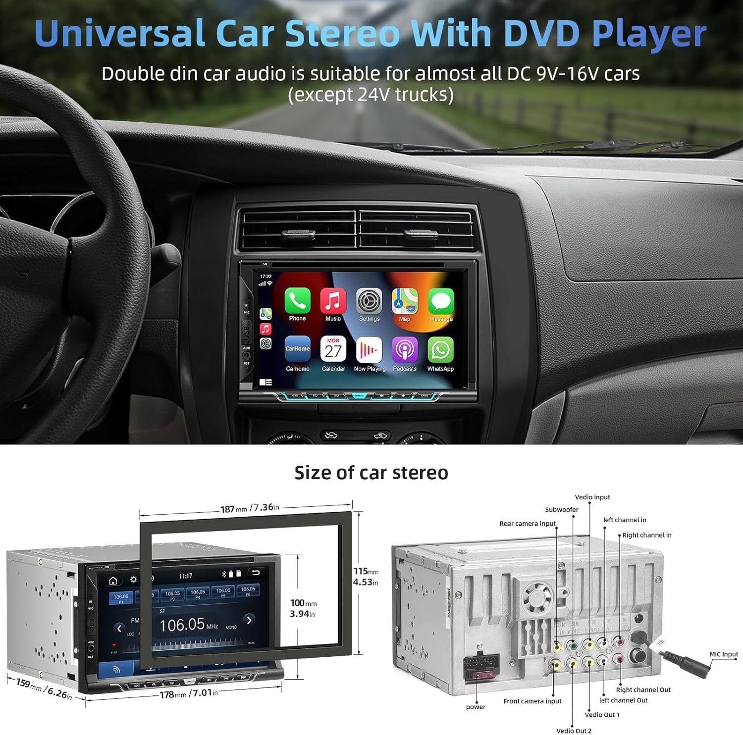 Double Din Car Radio with CD/DVD Player, 7-inch Touch Screen Car Stereo with Wireless CarPlay&Android Auto Support Bluetooth5.2, Backup Camera, Mirror Link, Subwoofer, SWC, AM/FM Car Radio Receiver