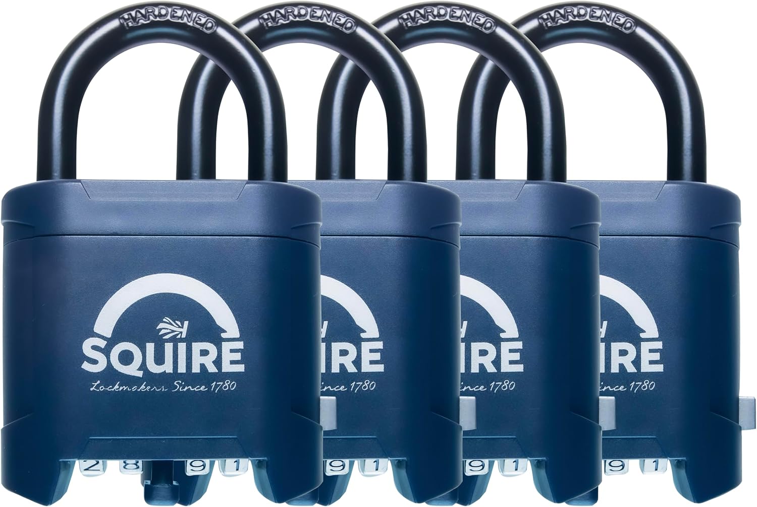 Squire Mystic Combi Combination Padlock 4-Pack – Weather Resistant | 4 heavy-duty weather-resistant padlocks, 10,000 combos each – for homes, storage units, gates & garages