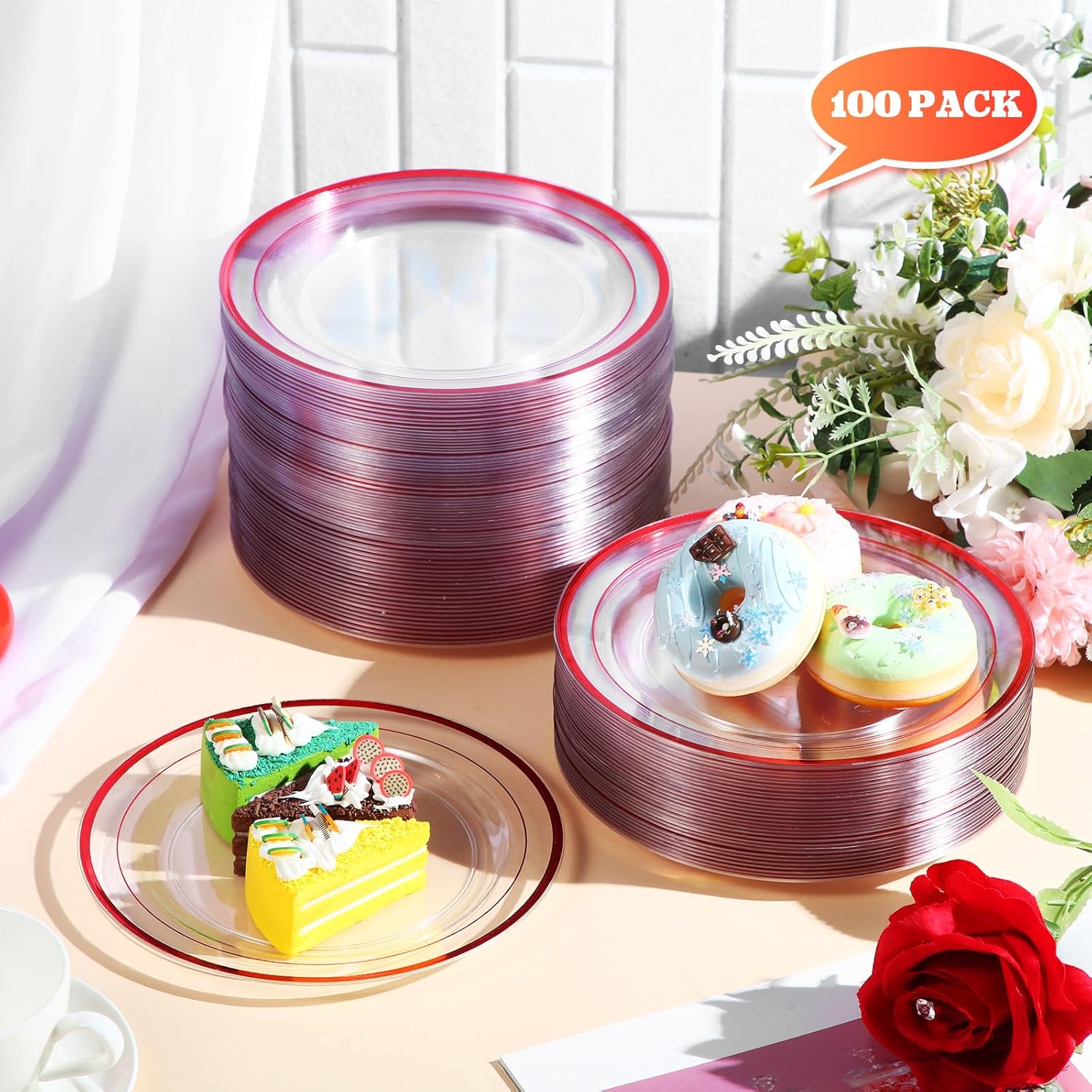Uiifan 100 Pieces Disposable Plates Clear Plastic Round Plates with Rim Hard Duty Plastic 7.5 Inch Dessertparty Bulkfor Wedding Party Supplies Kosher Dinnerware(Red Rim)