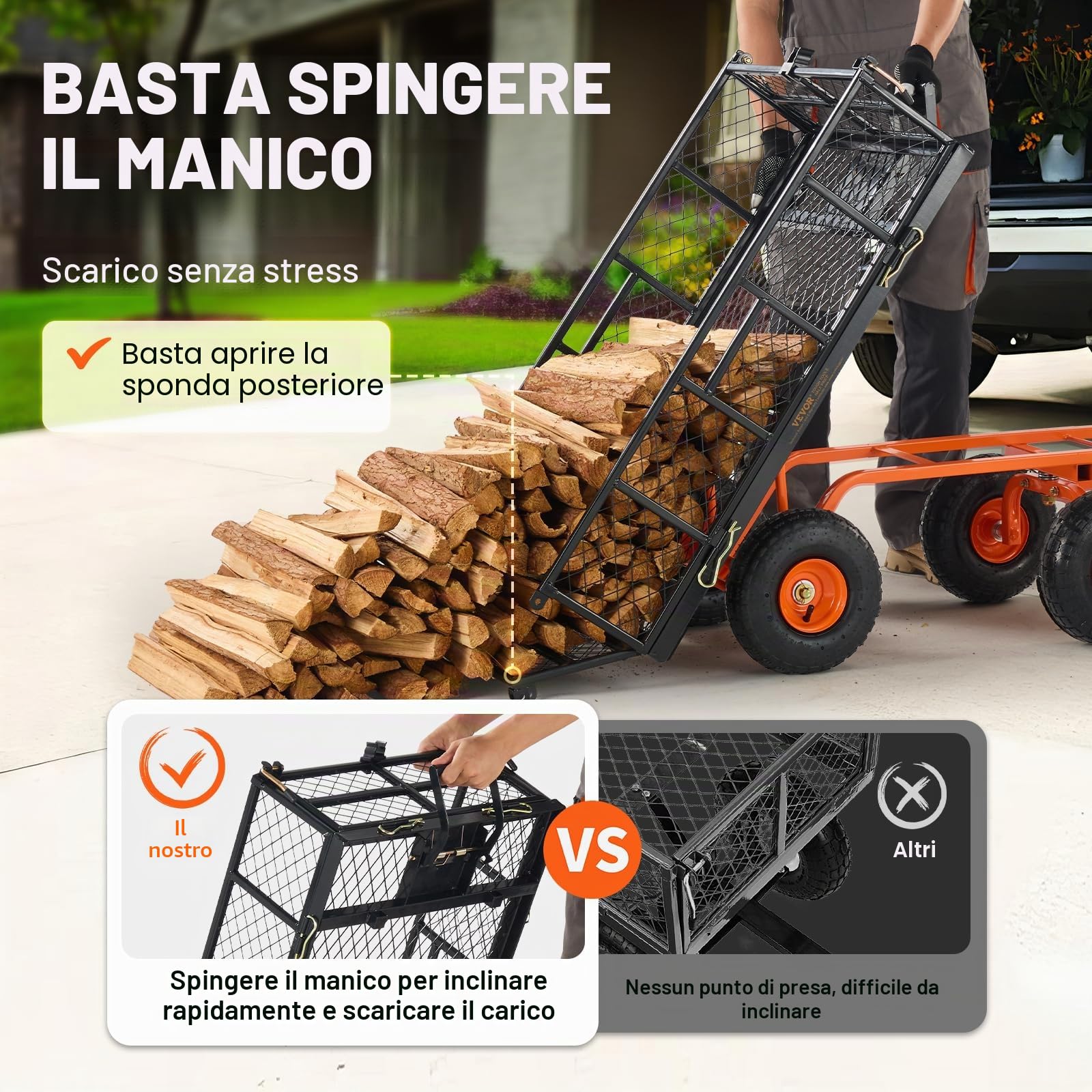 VEVOR Carrello Ribaltabile in Metallo, Carrello Ribaltabile Giardino Telaio Facile Montare, Carriola Utilitaria, Pneumatici 254 mm Carro Ribaltabile Maniglia Convertibile 2 in 1, Capacità 399,1 kg